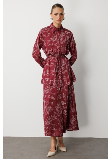 Mizalle Bordo Desenli Evaze Uzun Saten Etek Bordo