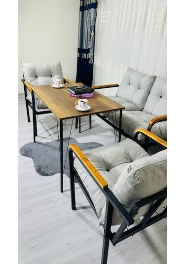 Madame Home Kadife Balkon, Bahçe,teras,cafe - Salon - Metal Kanepe Koltuk Takımı - 2+1+1 + Masa Açık Gri