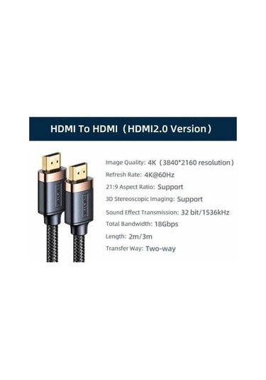 Usams Sj529 Hdmı To Hdmı 2.0 Kablo 4k Hd Örgü Altın Uç Siyah 3mt