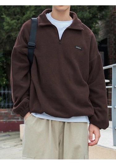 Genıus Store Erkek Polar Oversize Sweatshirt Polar Sweatshirt Kahverengi