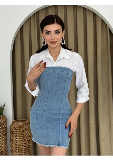 Vinna Straplez Kot Mini Elbise Açık Mavi