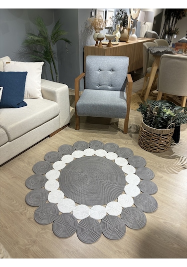 Mavaux Hasır Jüt Çiçek Desenli Kilim Halı Gri - Beyaz