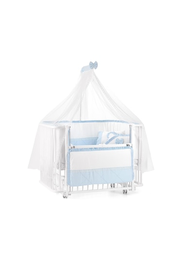 Meltem Kids Bambino Sallanır Ahşap Anne Yanı Beşik 70x110 CM (Beyaz-Mavi) Mavi