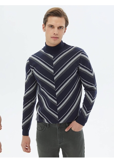 Kip Lacivert Yarım Balıkçı Yaka Desenli Pamuk Karışımlı Triko Çok Renkli