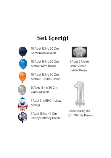 2 Yaş Uzay Temalı Doğum Günü Seti Uzay Mekiği Happy Birthday Yazı Renkli Balonlar Gümüş Folyo Rakam Çok Renkli
