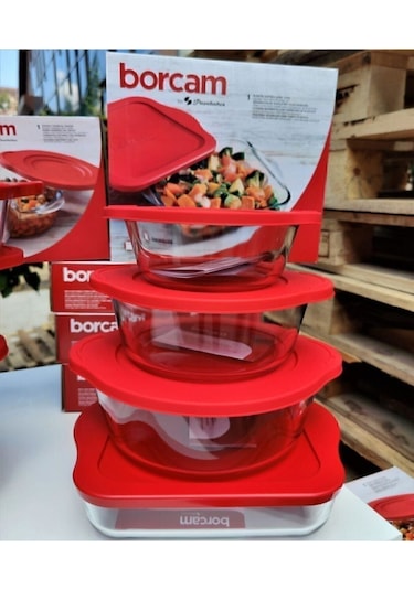 Paşabahçe Kırmızı Kapaklı Borcam Seti 4'lü Kare Ve Yuvarlak Borcam 59034 - 59001 - 59123 - 59133