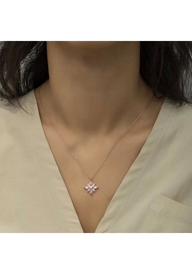 Gümüş Rose Pembe Taşlı Umut Çiçeği Kolye Çok Renkli