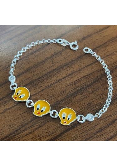 Sarı Kuş Taşlı Çocuk Gümüş Bileklik Bebek Künyesi Csb14