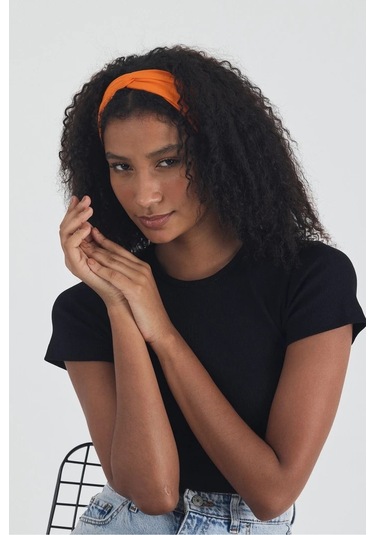 Siyah Kısa Kol Bisiklet Yaka Vücuda Oturan Kaşkorse Crop + Bandana Set %100 Pamumklu, Esnek Rahat Siyah-Turuncu