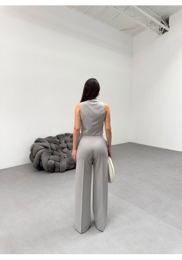 Toskana Çi Zgi Li Kruvaze Yaka Tek Düğmeli Yelek Pantolon Takim Gri