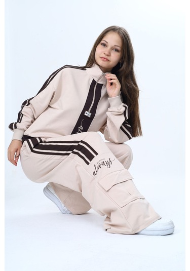 Kız Çocuk 2 İplik Yarım Fermuarlı Garnili Eşofman Takımı %100 Pamuk Rahat Kalıp-325 Bej