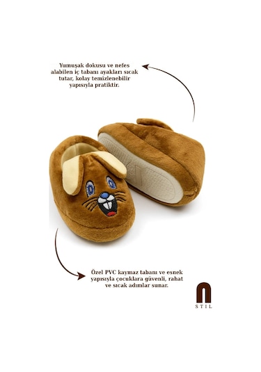 Günlük Kız Erkek Çocuk Panduf Tavşan Figürlü Desenli Taban Yumuşak Esnek Kreş Ayakkabısı Ev Botu 361 Kahve