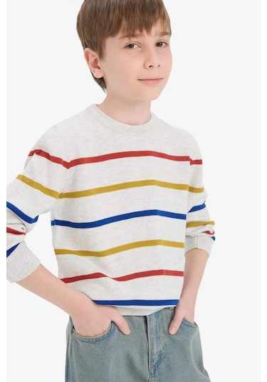 Defacto Erkek Çocuk Çizgili Bisiklet Yaka Triko Kazak F3742a825wner123 Ekru