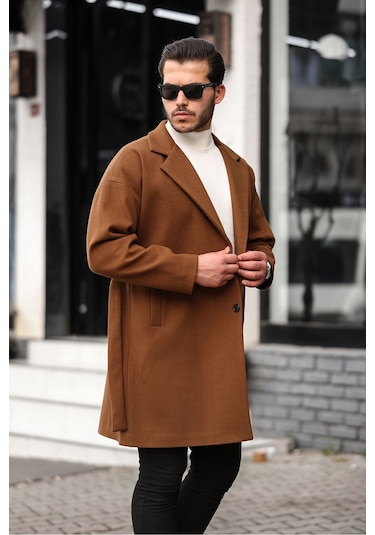 Mero Life Erkek Taba Kemerli Oversize Rahat Kesim Kaşe Kaban Taba
