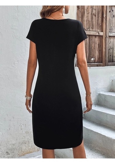 Kadın Kısa Kollu Bisiklet Yaka Viskon Iki Iplik Elbise