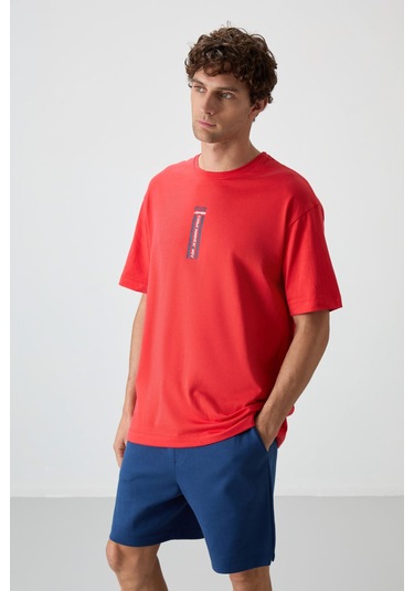 Tommy Life Fiesta %100 Pamuk Kalın Yumuşak Dokulu Oversize Fit Baskılı Erkek T-shirt - 88360 Kirmizi