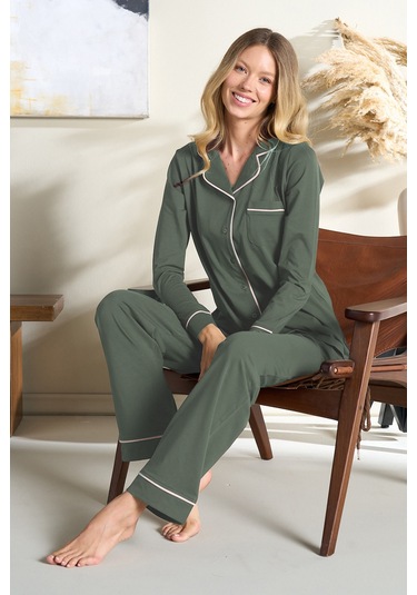 Kadın Biye Detaylı Penye Uzun Kol Pijama Takımı 3103 Yeşil Yeşil