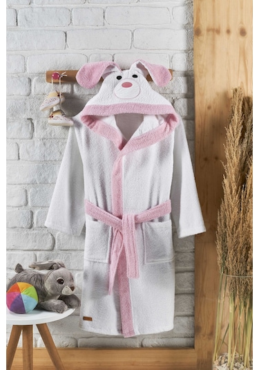 Kapşonlu Çocuk Bornoz %100 Pamuk Bornozu Kız Erkek Köpek Pembe