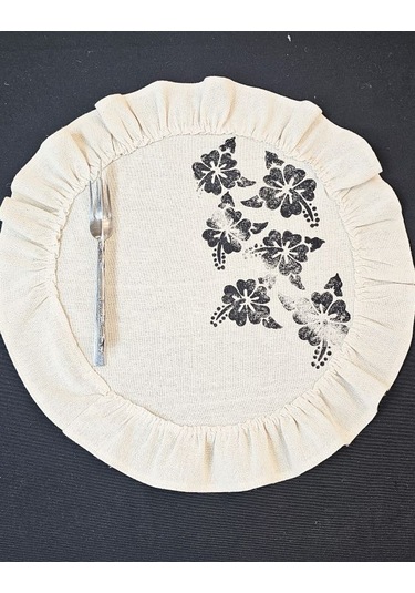 %100 Pamuklu Ham Keten Pamuk Fırfırlı Çiçek Taş Baskı 6' Lı Amerikan Servisi Supla Yuvarlak 45cm Naturel