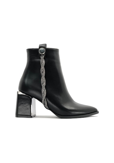 Feles Burgu Şerit Taş Detaylı Klasik Kadın Bot Siyah