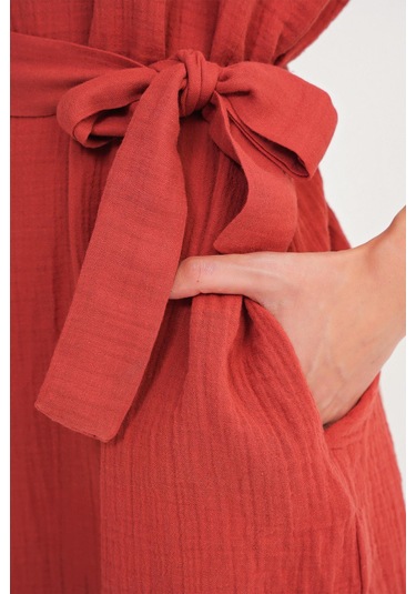 4720 Kadın Pile Detaylı Bağlamalı V Yaka Müslin Elbise Kiremit Kiremit