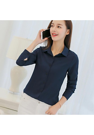 Lacivert İlkbahar Ve Yaz Kadın Gömlek İnce Çok Yönlü Büyük Metre Dip Moda Günlük Uzun Kollu Gömlek Lacivert