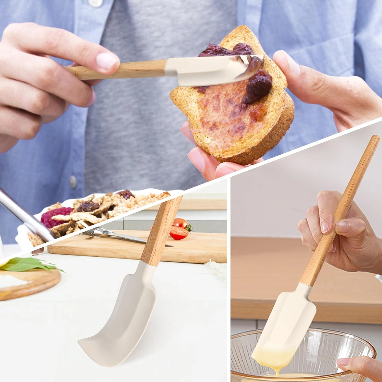 Qingmipy Gıda Seviyesi Süper Isıya Dayanıklı Silikon Spatula Seti - Büyük Ve Küçük Yuvarlak Uçlu Hamur/ Krema Kaşığı, Ev Fırınlama Gereci Ahşap