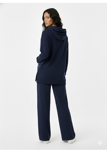 Soft&Basic Kapüşonlu Yanları Çıt Çıt Detaylı Sweatshirt Ve Nervürlü Pantolon Alt Üst Takım Lacivert