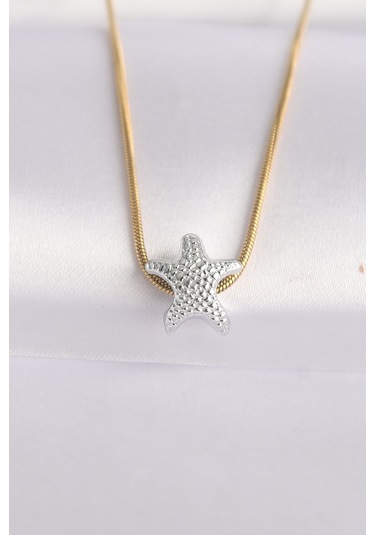 316l Çelik Zincir Altın Renk Zincirli Gümüş Renk Deniz Yıldızı Tasarımlı Kolye - Tj-bko8607