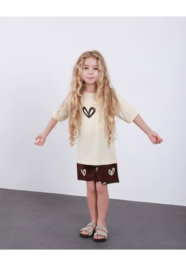 Miniko Kids Kız Çocuk Kalp Modelli Pamul Şortlu Takım Ekru