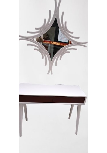 Dresuar Ahşap Kayın Retro Ayak Çift Çekmece CNC Ayna Beyaz Ceviz El Yapımı Beyaz - Ceviz