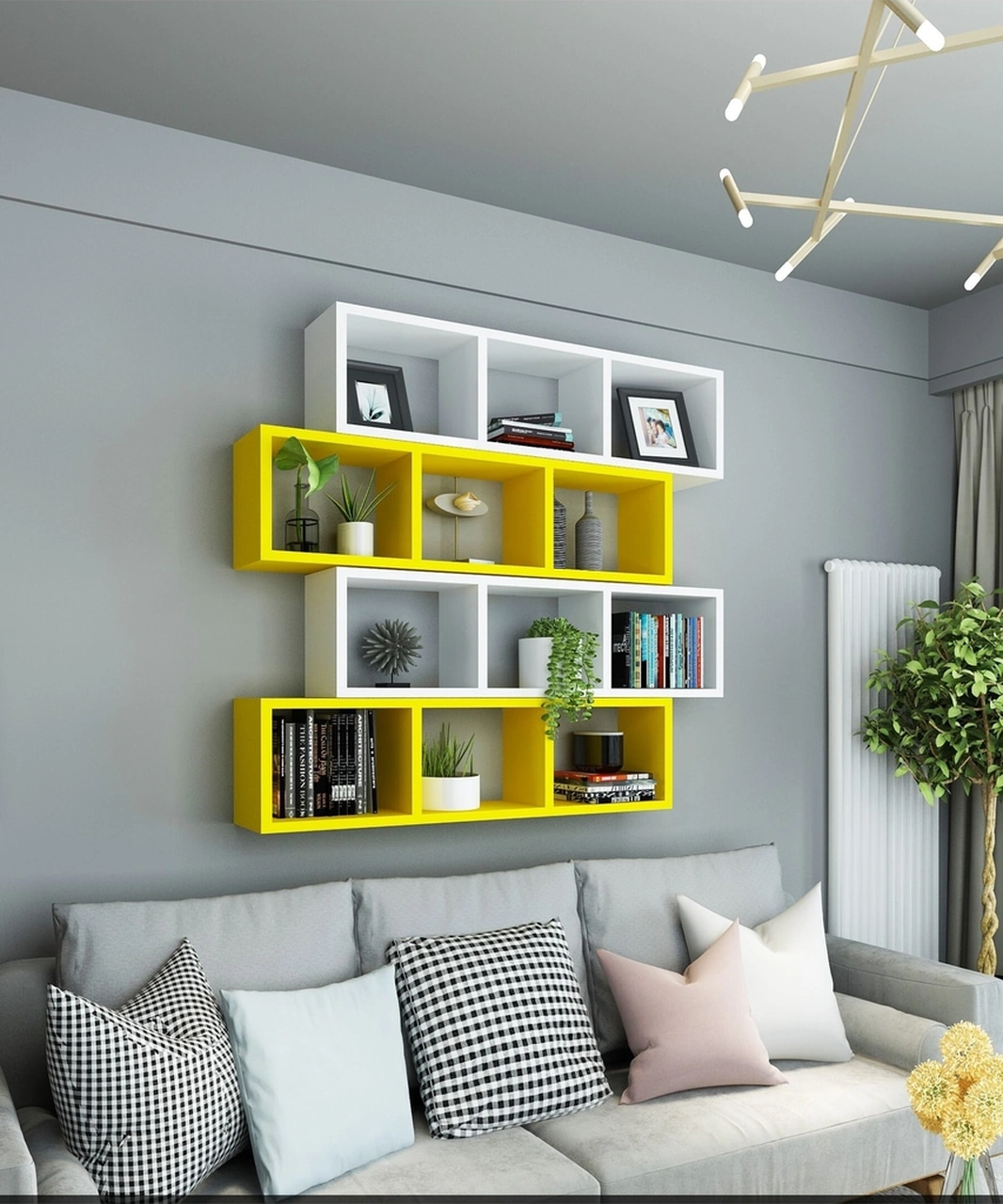 Kitaplık Lux Yatay Duvar Rafı Sarı Beyaz 4 Lü Takım Sarı Beyaz