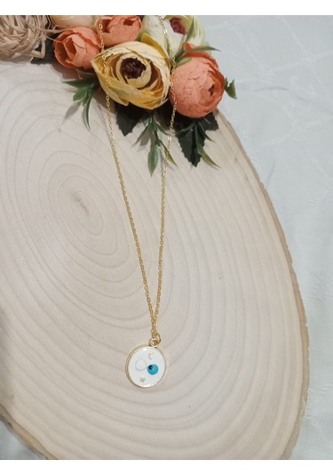 Beyaz Nazarboncuğu Şık Çelik Kolye Beyaz