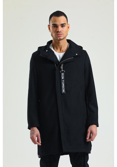 Erkek Regular Fit Kapüşonlu Fermuarlı Cepli Kışlık Astarsız Yünlü Uzun Kaşe Kaban 001