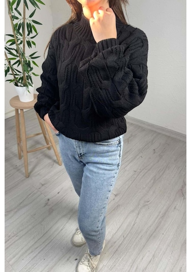 Explode - Kadın Siyah Yarım Boğazlı Örgülü Oversize Triko Kazak Siyah
