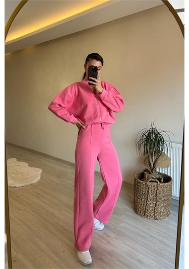 Neşeli Butik Kadın Fermuarlı Oversize Sweat Ve Yüksek Bel Eşofman Takımı Nm018 Pembe