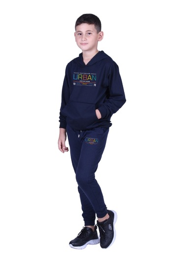 Kapüşonlu Kanguru Cepli Urban Yazı Baskılı Erkek Çocuk Eşofman Takımı Lacivert