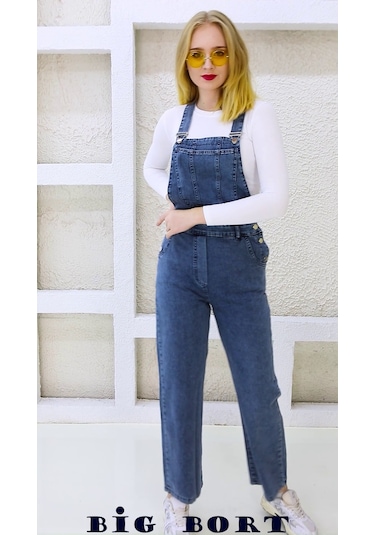 Yandan Düğmeli Enzim Kot Kumaş Salopet & Tulum Mavi