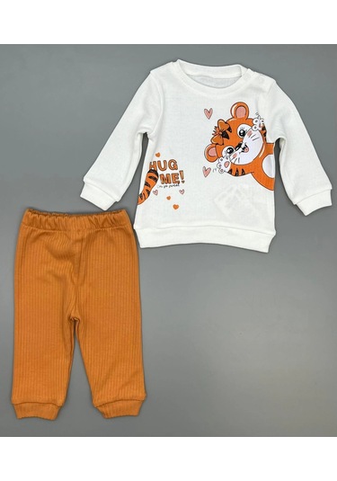 Kız Bebek Kedi Baskılı Çıt Çıtlı Alt Üst İkili Gündelik Takım Kahverengi