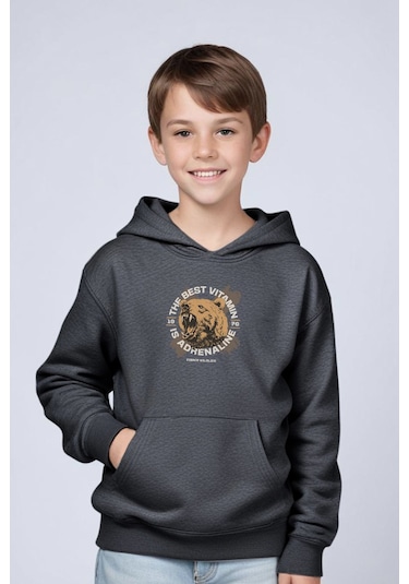 Kapüşonlu Kanguru Cepli Beear Baskı Detaylı Erkek Çocuk Sweatshirt Füme