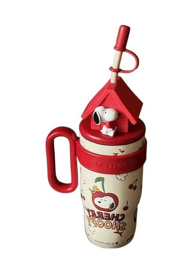 Pazly Snoopy Taşını Büyük Kapasiteli 800ml Termos Hasır Fincan Kırmızı Kırmızı