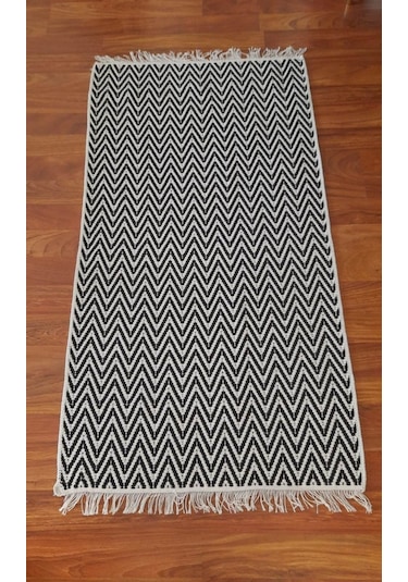 Pamuklu Cotton Kilim Çift Taraflı Yıkanabilir Dekoratif 80x150 - Siyah Beyaz V2 Siyah - Beyaz