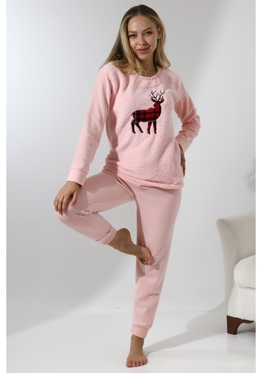 Fawn 5016 Peluş Welsoft Polar Kışlık Yumoş Geyikli Kadın Pijama Takımı - Pembe