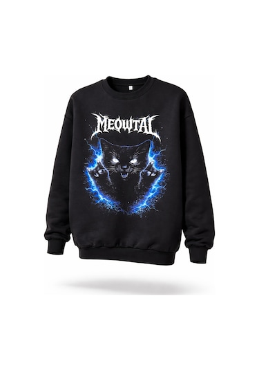 Dark Line Meowtal %100 Pamuk Unisex Siyah Oversize Sweatshirt Siyah