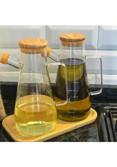 Yağdanlık Cam Şişe 900 Ml Bambu Vakumlu Kapak Ahşap Stantlı İkili