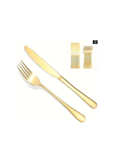 Gateesat 24 Parça Altın Çatal Bıçak Seti 12 Yemek Bıçağı 12 Çatal Ev Restoran Otel Altın