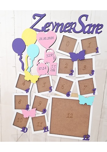 Balonlu Model 12 Ay Ahşap Fotoğraf Çerçevesi Mor