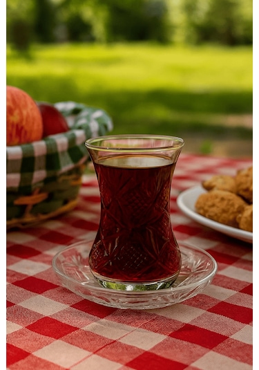 12 Parça Göz Dekor Kesme Çay Seti - Özel Yapım Çay Bardak Tabak Şeffaf