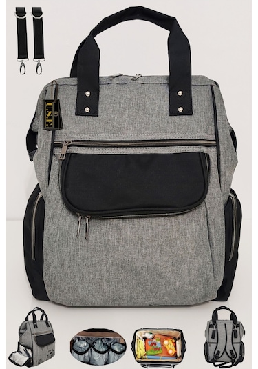Bebek Bakım Çantası Organizatör Fonksiyonel Lüx Anne Bebek Bakım Sırt Çantası Mrs Gri Siyah Çok Renkli