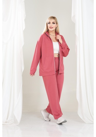 Kadın Büyük Beden Fermuarlı Uzun Kollu Rahat Günlük Eşofman Takım Pembe